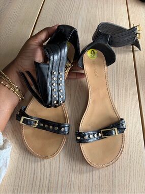 bamboo Black Studded Ankle-Strap Sandals with Gold Hardware